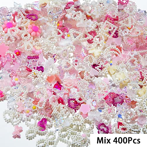 400pcs variados rosa pérolas brancas encharms de unha acrílico Multi-forma de coração Flor Bowknot Charms de unhas de unhas Mix Star Pérolas brancas Pérolas pregos Charms para Manicure Diy Crafts Acessórios de jóias