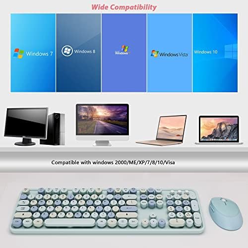 Teclado e ratos sem fio combinar, teclas redondas retrô, teclado fofo de tamanho completo, conexão sem desgaste de 2,4 GHz e mouse