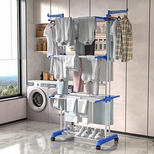 Rack de secagem de roupas grandes, rack de secagem de roupas de 4 camadas com 67h x 19w x 30l polegadas, rack de secagem de roupas móveis com rodízios para internos/externos para secar roupas, capas de cama, sapatos, capas de sofá etc.