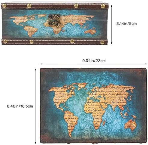 Caixa de tesouro do peito Alipis Caixa de armazenamento de padrões do mapa do mundo, madeira de madeira vintage e couro