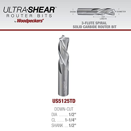 Pica-paus bits de roteador de carboneto sólido US5125TD, 3 Flute Spiral, Cut Down, 1/2 SH, 1/2 CD, 1-1/4 Cl, 3 OL