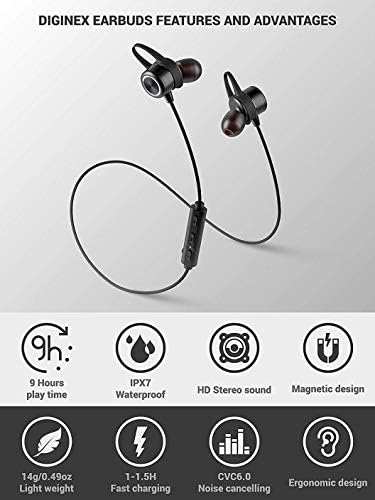 Diginex Bluetooth Earbuds Wireless Magnetic Headset Sport Phones para executar fones de ouvido à prova d'água IPX7 9 horas de reprodução de alta fidelidade som estéreo e ruído cancelando microfone de 1 hora de recarga