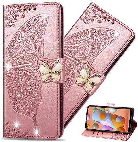 Caso Qivstar para a capa de telefone da carteira Samsung Galaxy A42 5G, couro premium de diamante com borboleta premium com tampa magnética de flip stand para o Samsung Galaxy A42 5G. Diamond Butterfly Rose Gold SDD