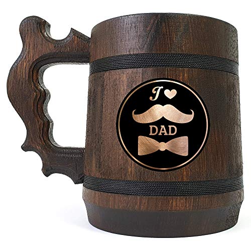Eu amo papai cerveja Stein, presente personalizado do dia dos pais, tanque de cerveja de madeira, presente personalizado para papai, bigode e gravata borboleta, caneca de cerveja de madeira