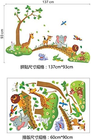 IMOAN 3D Cartoon Jungle Wild Animal Tree Bridge Lion Giraffe Birds Flores Flores Adesivos de parede para crianças Decoração