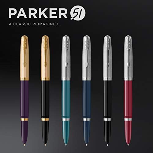 Parker 51 caneta -tinteiro | Barril azul da meia -noite com acabamento cromado | Nib fina com cartucho de tinta preta | Caixa de