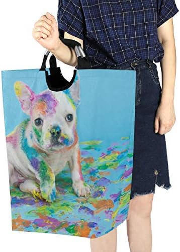 Yyzzh French Bulldog Puppy Dog em tinta colorida em azul grande lavanderia bolsa de cesta de cesta de compras colapsível poliéster cesto cesto de roupa dobrável bolsa dobrável lata de lavar lixo