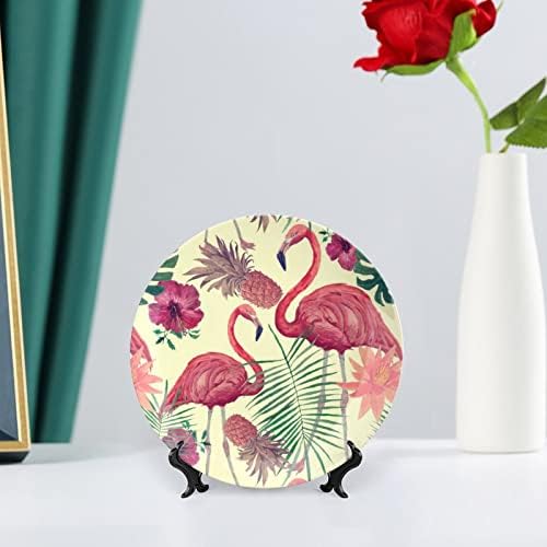 Placa decorativa cerâmica de folhas de flamingo de aquarela com exibição pendurada no casamento personalizado de casamento