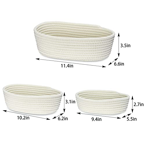 Conjunto de Seaokais de 3 cesto de armazenamento de corda de algodão, pequeno, oval, branco