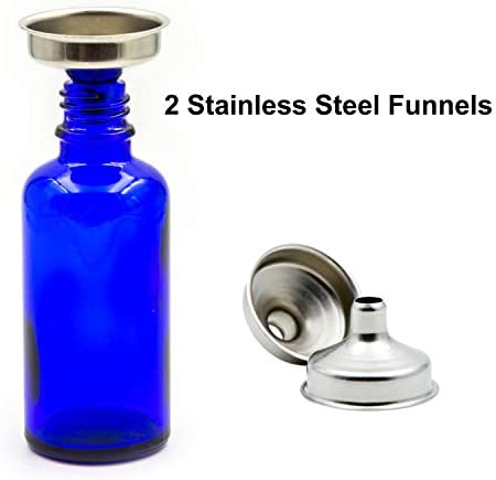 Youngever 12 pacote de 2 onças de vidro azul garrafas de gotas de vidro para óleo essencial, 2 mini -funis de aço inoxidável