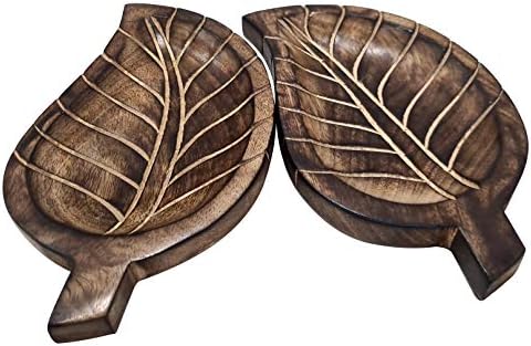 Pequena bandeja de forma de folha de madeira de manga feita à mão para lanches, sobremesas decorativas Conjunto de utensílios