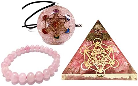 Sawcart Rose Quartz Orgone Crystal Pyramid & Pinging Seven Chakra Metatron Cube Merkaba | Pulseira de pedra natural | E Kit de proteção