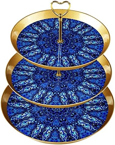 Conjunto de bolo de 3 cupcake de 3 camadas Stands reutilizáveis ​​de pastelaria para decorações de festas de chá de aniversário de casamento, impressão gráfica fractal de mandala azul