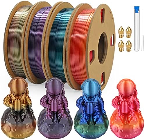 Pacote de filamentos de impressora 3D de várias cores, gradiente brilhante filamento de seda 1 1,75 mm, 250g x 4 bobinas, filamento de impressão 3D de seda PLA com bicos de impressora 3D bônus e agulhas de limpeza para impressora FDM