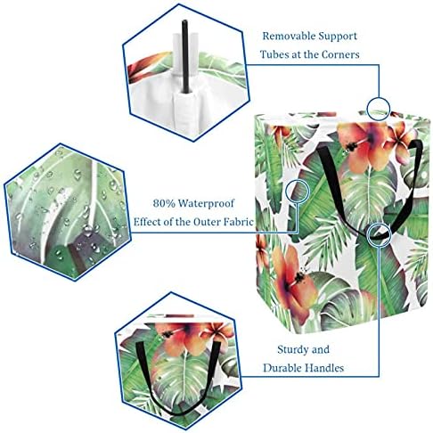 60L Lavanderia cesto dobra de palmeira tropical folhas tropicais cesto de lavanderia de aquarela com fáceis porte de cargo estendido