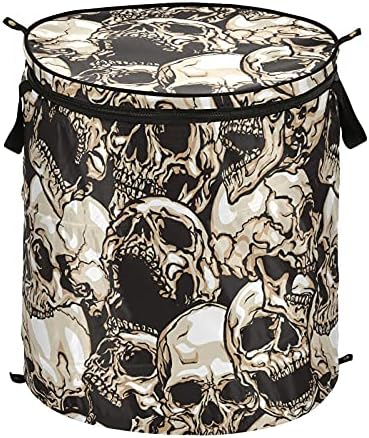 Crânios Black Pop Up Laundry Horse com tampa de cesta de armazenamento dobrável Bolsa de roupa dobrável para dormitório