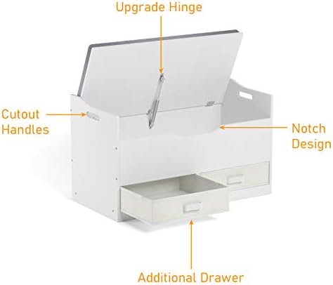 Caixa de brinquedo de madeira timy com banco de bancada, baú de armazenamento de brinquedos com 2 cestas reversíveis e dobradiça