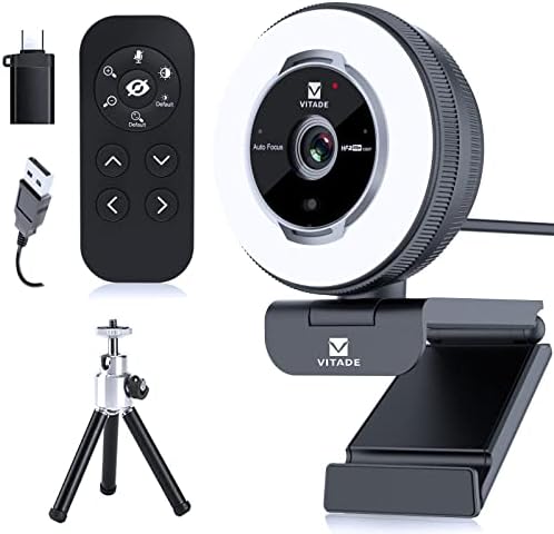 VITADE ZOOMABLE Webcam com controle remoto, webcam de streaming 1080p 60fps com luz de anel e tripé ajustável, webcam de zoom digital USB 5x para Zoom/Skype equipes/laptop/Mac Windows