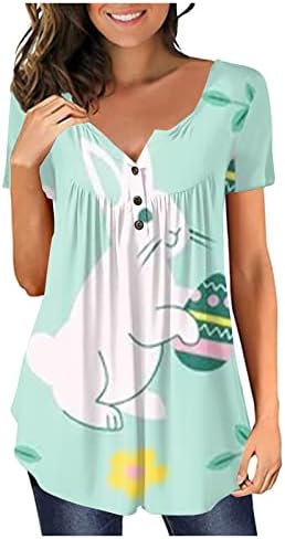 Botão de blusa casual da Blusa Casual Print Feminina Prinha de Páscoa Henley V Camisetas e Tops Flowy Hide Belly Camisetas 2023