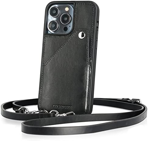 LuckyCoin Caixa de telefone iPhone 14 Pro Crossbody Case para mulheres com titular de cinta e cartão, caixa de couro genuíno para maçã i telefone 14 Pro, protetora ajustável de corda de corpo inteiro, 6,1 polegadas, preto