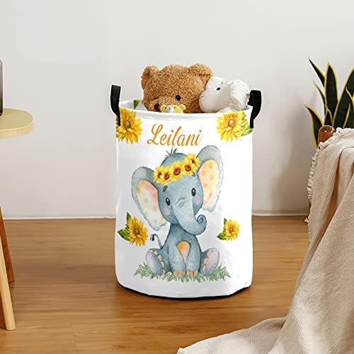 Lavanderia de elefante de girassol personalizada cesto de lavanderia personalizado com cesta de armazenamento de nome