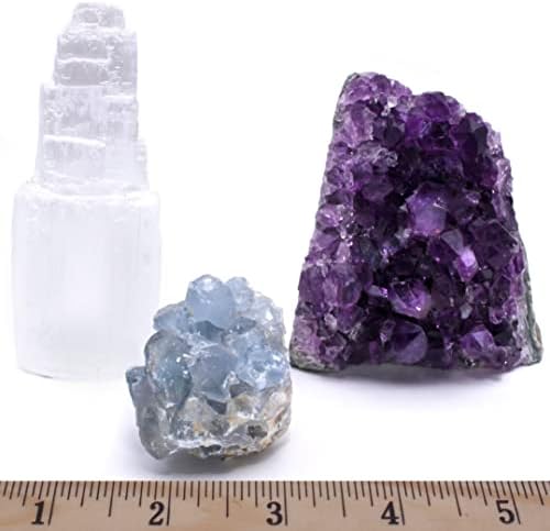 Base de corte de cluster de ametista de urso dançante, Celestite e Selenite Tower, cura de cristal premium grau A, decoração de casa boêmia, vibrações naturais boas, cartões de informações metafísicas