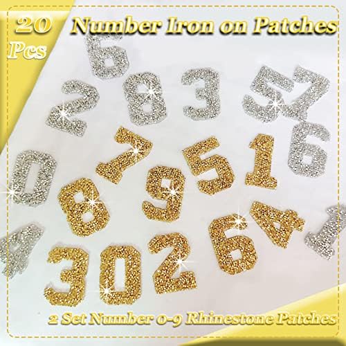 Número de remendos de strass, 20pcs Número de ferro em remendos, 2 Set Número 0-9 Patches de shinestone Apliques Número Patches