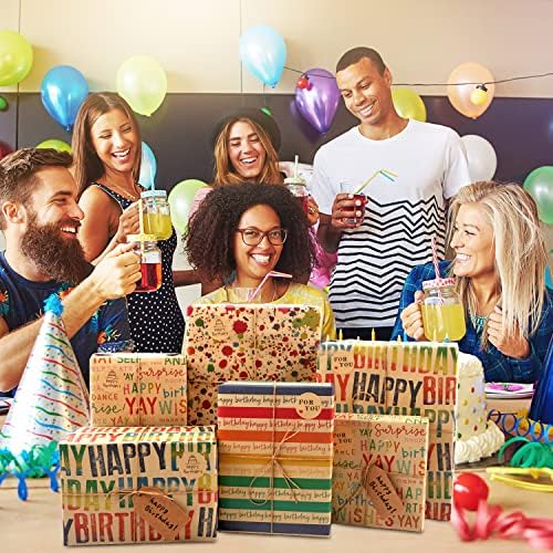 Papel de embrulho de aniversário de Mamunu, 8 lençóis Papel de embrulho de presente reciclado Brown Kraft, papel de embrulho de presente aniversário colorido conjunto com adesivos e tags para crianças homens homens de aniversário todas as ocasiões, 20 × 28 polegadas