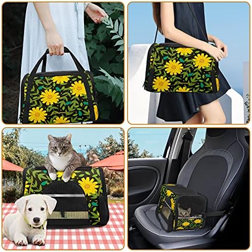 Bolsa de carrinho de estimação Flores amarelas folhas verdes Puppies de gato de cachorro preto Bolsa de viagem portátil de lado