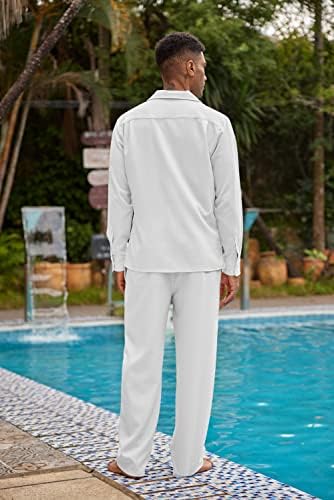 Coofandy Men's 2 peças linho conjuntos de botões casuais camisetas de manga longa calças de praia de verão com bolsos
