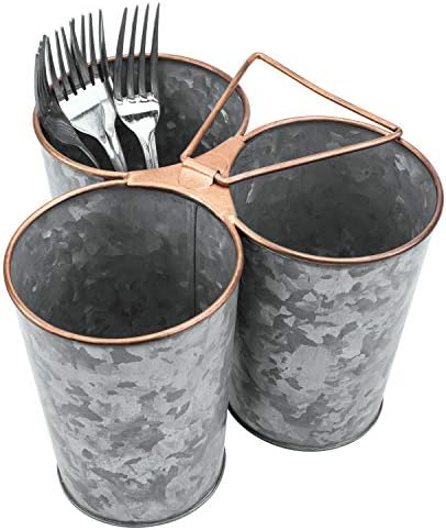 Mygift galvanizado Caddy de utensílio de metal com 3 compartimentos, aro de cobre e alça, armazenamento de talheres de