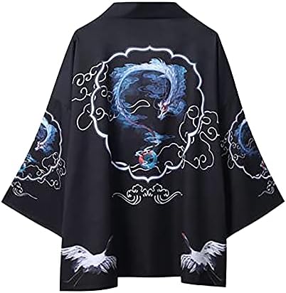 XXBR Japanese Kimono Cardigan para homens, Frente solta Aberta 3/4 manga leve ukiyoe dragão casaco casual casual