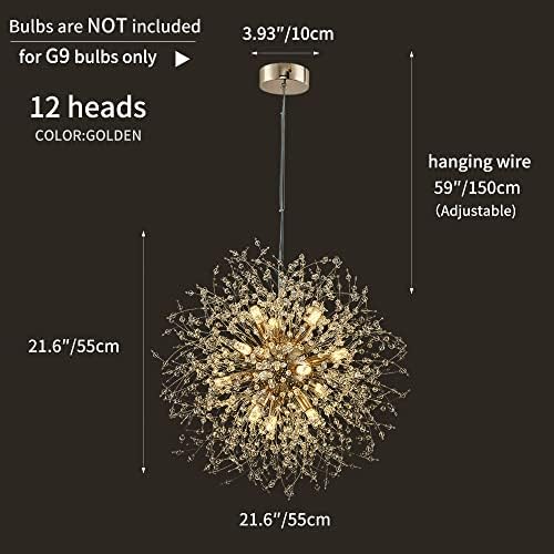 Wojiaua Dandelion Fireworks Crystal lustre, 12 luzes de lustre moderno de ouro Sputnik Iluminação de teto Sala de jantar