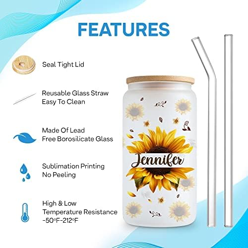 Hyturtle Girlower Glass Copo Cup de girassol personalizado com tampa de bambu e palha 12 oz16oz Coffee Glass Copo Presente para