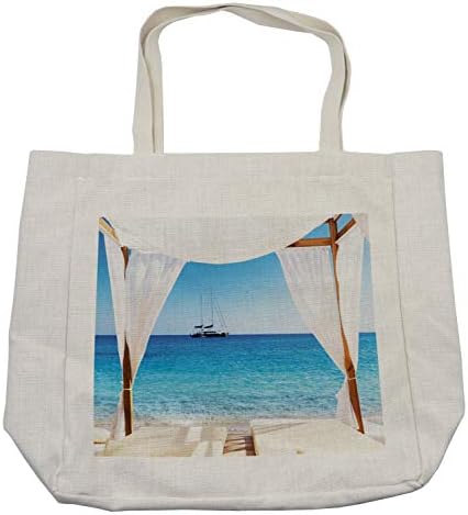 Bolsa de compras de Ambesonne Balinese, praia através da cama balinesa de verão, sol clear céu de lua de mel na lua de mel natural de spa, bolsa reutilizável ecológica para a praia de mantimentos e mais, 15,5 x 14,5, creme