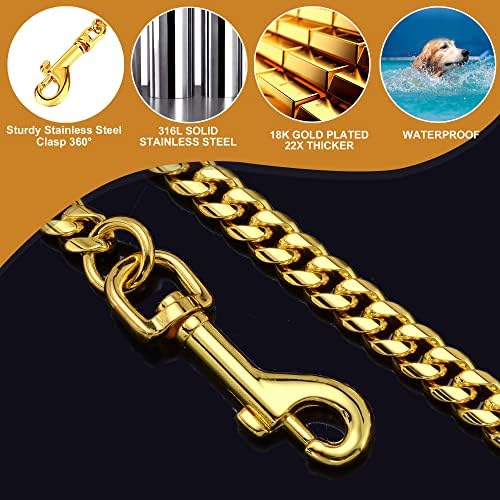 LuxLife Dog Chain Leashé 3ft 4,3 pés 18k ouro aço inoxidável 12 mm Link cão cães coleira com confortável cabo de couro genuíno para