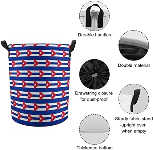 Bandeira de Cuba redonda de lavanderia cesto de armazenamento à prova d'água com tampa e alça de cordão