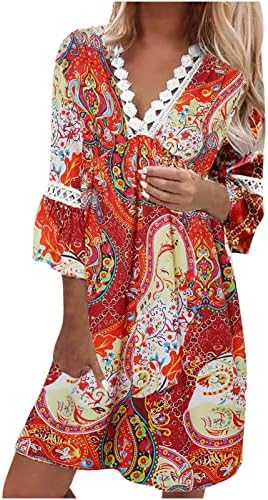 Vestido de verão para mulheres TRIM de renda V pescoço 3/4 manga A-line Bohemian Camise