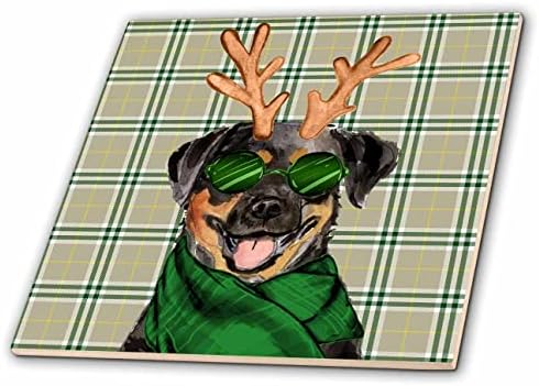 3drose verde e bronzeado xadrez com um Rottweiler em chifres de Natal - azulejos