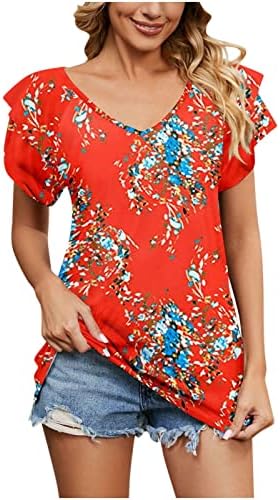 Summer Ruffle de outono Camisa de manga curta para meninas Deep V Neck Cotton Floral Graphic Top V0 V0