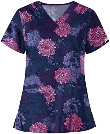 Camisetas de poliéster feminino T Summer Summer Womens Short Sleeve V Pescoço Flor Top Top Afermado Manga Longa Camista