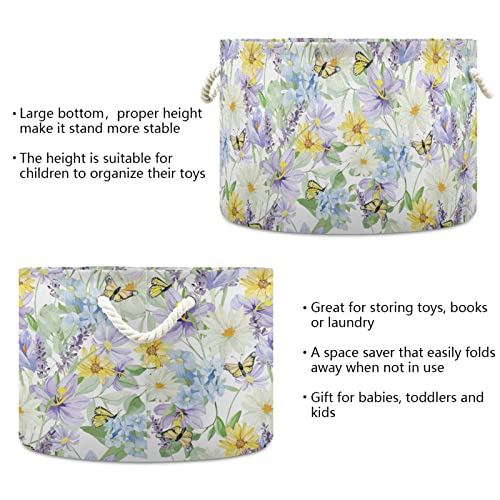 Kigai Wildflower e Butterfly Grande cesta de armazenamento redondo com alça, cestas de lavanderia decorativa dobrável para cobertor, corda de algodão Towels Towels Towels Like Bin, 20 x 14