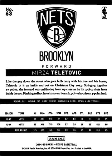 2014-15 Panini Hoops #63 Mirza Teletovic Brooklyn Nets Official NBA Basketball Trading Card em condição bruta