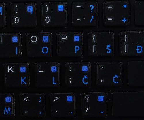 Layout de etiquetas de teclado croata com um fundo transparente de letras azuis para desktop, laptop e notebook são