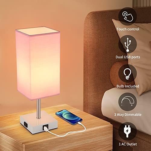 Lâmpada de cabeceira de cabeceira de controle de toque de Woderdeng - luminárias de mesa de 3 vias com 2 portas e saída USB, lâmpada de mesa para decoração de quarto e sala de estar, rosa