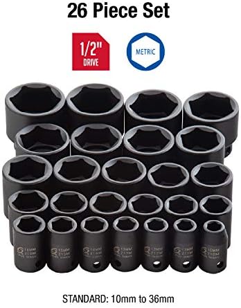 Sunex 3613v 7pc Long Reach Pelers Set & Sunex 2645, Setor de impacto de acionamento de 1/2 polegada Conjunto de soquete, 26 peças, métrica, 10mm-36mm, aço de liga CR-MO, design de canto de raio, caixa de armazenamento pesado