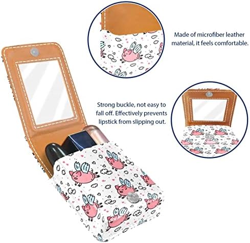 Caixa de batom de maquiagem portátil para viajar, porcos rosa sem costura Mini Batom Storage Box com espelho para