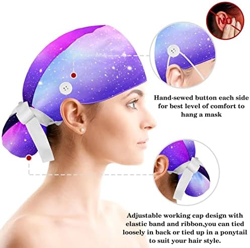 Galaxy Bouffant colorido Chapéus Mulheres com botões Capas de enfermagem ajustáveis ​​para mulheres com scrunchie