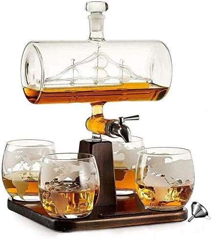 Decanter de uísque de vidro com copos- 1100 ml de barrel whisky jarrofe decantador de álcool, com 4 copos de uísque,