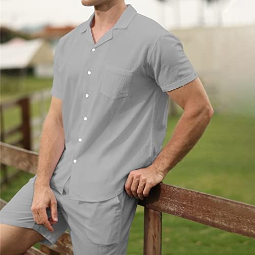 Camisa de linho masculino de linho de 2 peças de manga curta Button Down Casual Summer Summer Loose Fit Cirts and Shorts